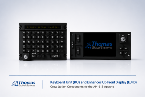 Thomas Global Systems Keyboard Unit (KU) and Enhanced Up Front Display (EUFD) avionics components for the AH-64E Apache, shown side-by-side on a clean studio background with subtle reflections.