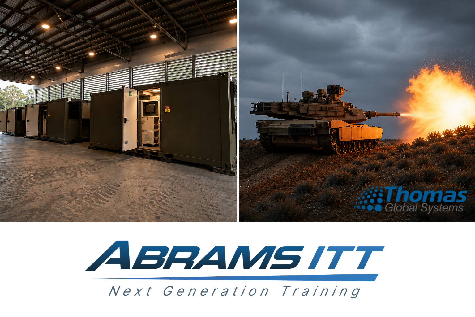 Abrams ITT acquisition program graphic showing military training equipment housed in a facility alongside an Abrams tank firing its main gun, with Thomas Global Systems and Abrams ITT branding.